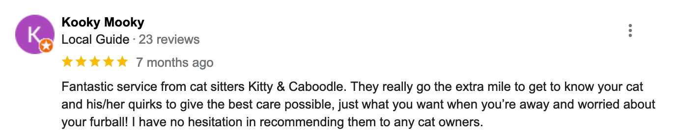 Fantastic service from cat sitters Kitty & Caboodle. They really go the extra mile to get to know your cat and his/her quirks to give the best care possible, just what you want when you’re away and worried about your furball! I have no hesitation in recommending them to any cat owners.<br />
